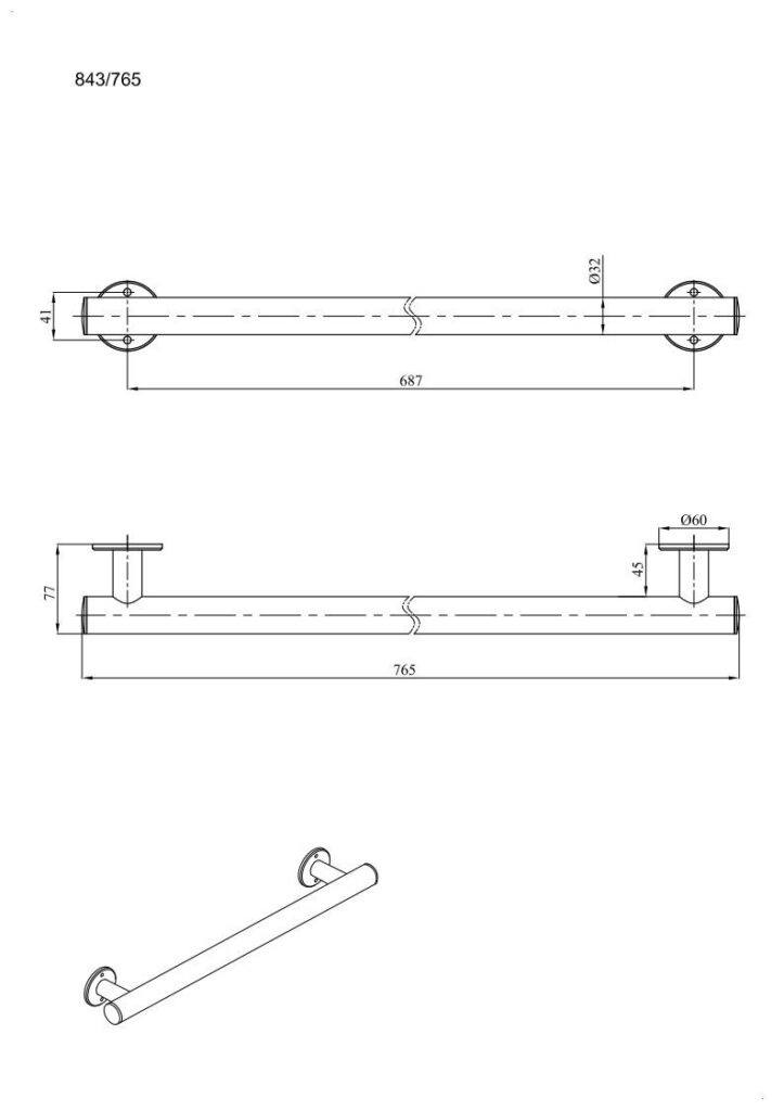 Uchwyt prosty prysznicowy 76,5 cm Ø32 ANDEX Bez Barier 843/765CC stal nierdzewna polerowana