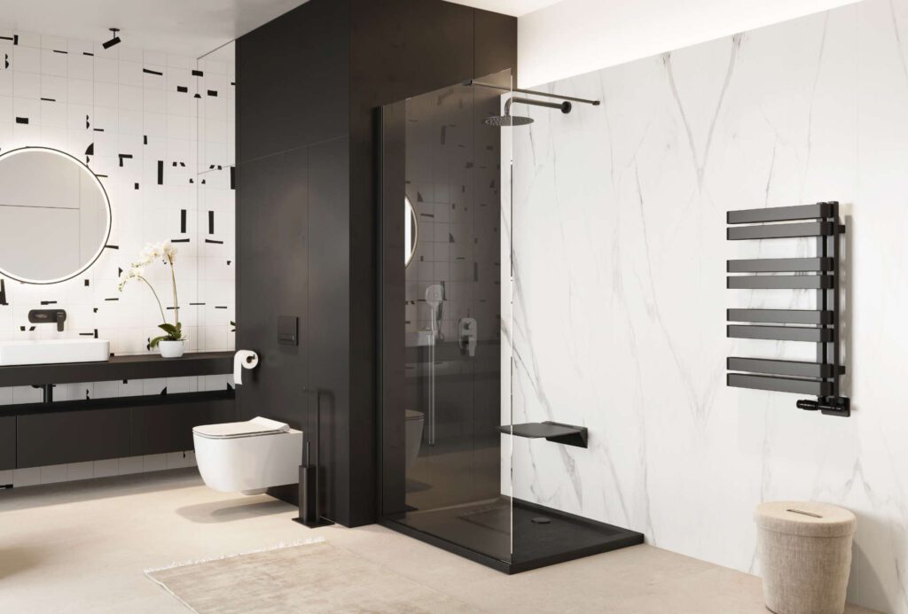 Vidoq walk-in ścianka prysznicowa prosta 90×200 cm, powłoka Clean Control, czarny mat