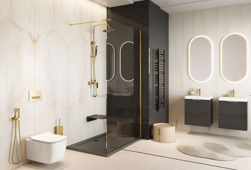 Vidoq walk-in ścianka prysznicowa prosta 90×200 cm, powłoka Clean Control, złoty połysk