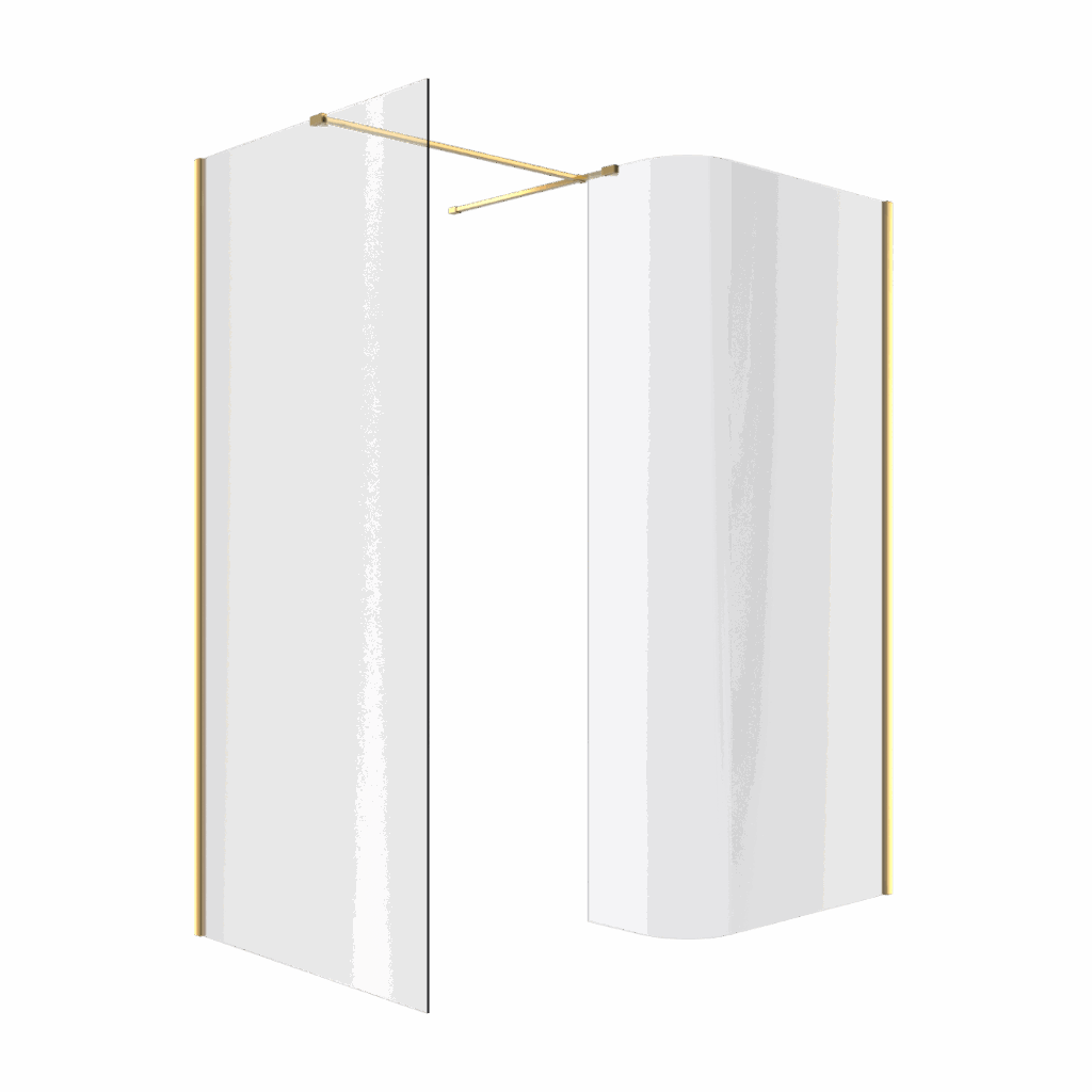 Vidoq walk-in kabina prysznicowa gięta, ścianka prosta 90cm, ścianka gięta 83cm, powłoka Clean Control, złoty połysk