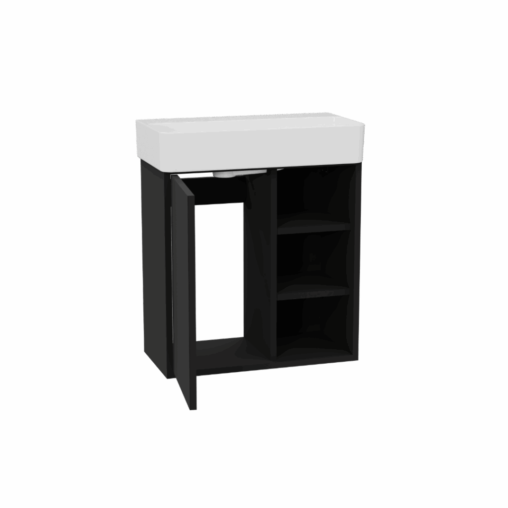 Ness szafka wisząca 57 cm, podumywalkowa, lakierowana, umywalka Ness, czarny soft/biały połysk