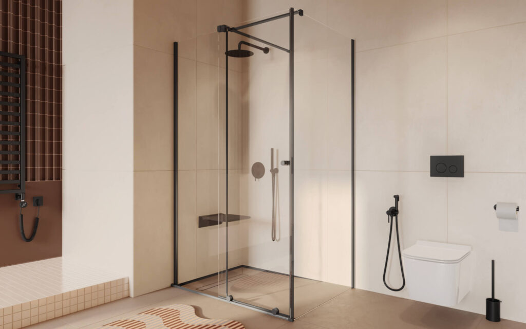 Ortigo kabina prostokątna narożna 140×90 cm, drzwi przesuwne, powłoka Clean Control, czarny mat