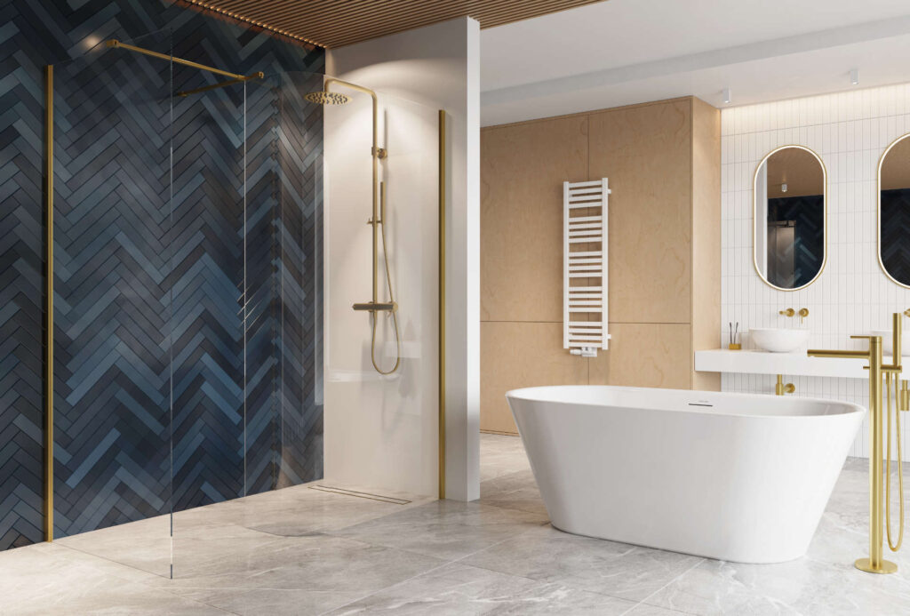Vidoq walk-in kabina prysznicowa gięta, ścianka prosta 100cm, ścianka gięta 93cm, powłoka Clean Control, złoty połysk