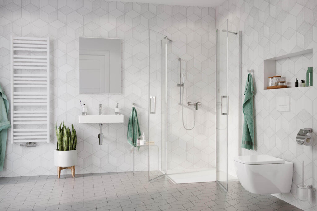 Mazo kabina narożna 90×90 cm, drzwi wahadłowe podwójne, powłoka Clean Control, chrom
