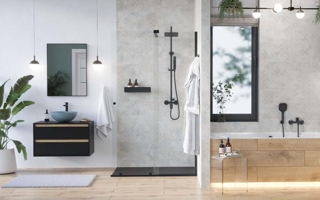 Ortigo walk-in drzwi prysznicowe przesuwne 120×200 cm, powłoka Clean Control, czarny mat