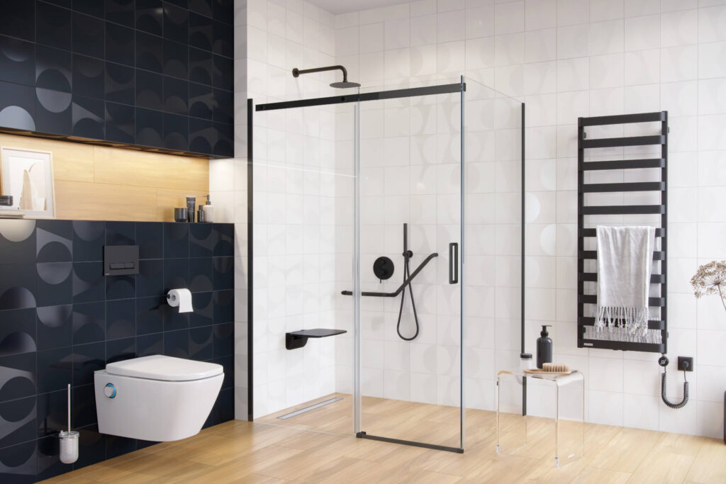 Rols kabina narożna 140×80 cm z drzwiami przesuwnymi 140 cm, powłoka Clean Control, czarny mat