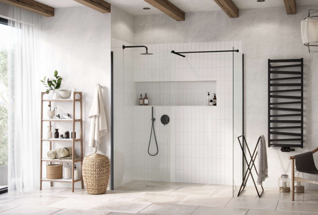 Vidoq walk-in kabina prysznicowa gięta, ścianka prosta 120cm, ścianka gięta 93cm, powłoka Clean Control, czarny mat