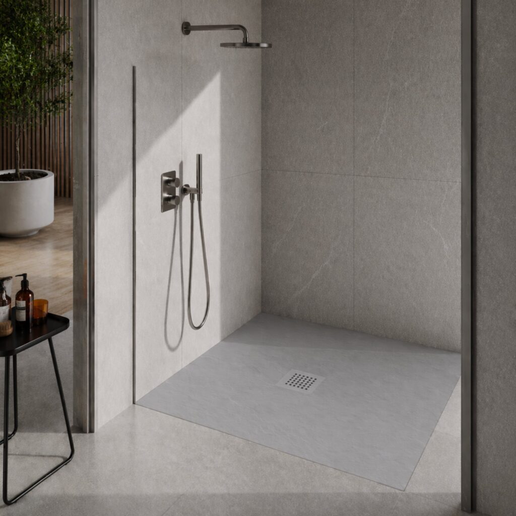 Stone Tray Light Grey – Brodzik z konglomeratu mineralnego „F” Jasnoszary 90 x 90 x 2,5 cm