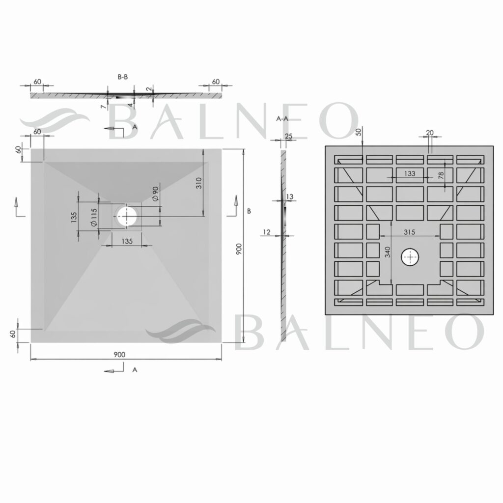 Stone Tray Dark Grey – Brodzik z konglomeratu mineralnego „F” Ciemnoszary 90 x 90 x 2,5 cm